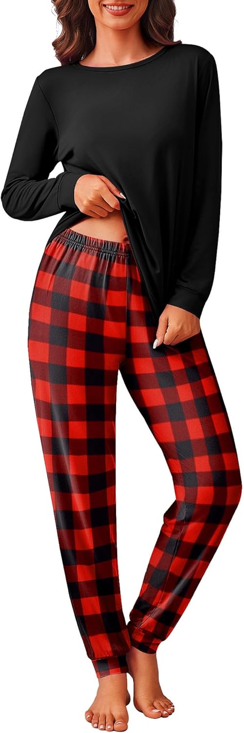Ekouaer Schlafanzug Damen Lang Zweiteiler Pyjama Langarm Warm Pyjama Set Weich Nachtwäsche Kariert,