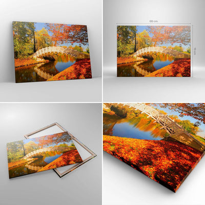 Bilder auf Leinwand 100x70cm Leinwandbild Stream Fussgängerbrücke Herbst Gross Wanddeko Bild Schlafz