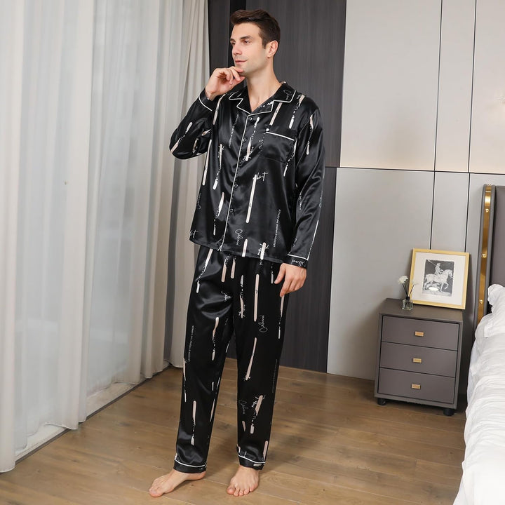 RuanMM Herren-Pyjama-Set aus seidigem Satin mit schwarzem Muster, Nachtwäsche mit Langen Ärmeln und