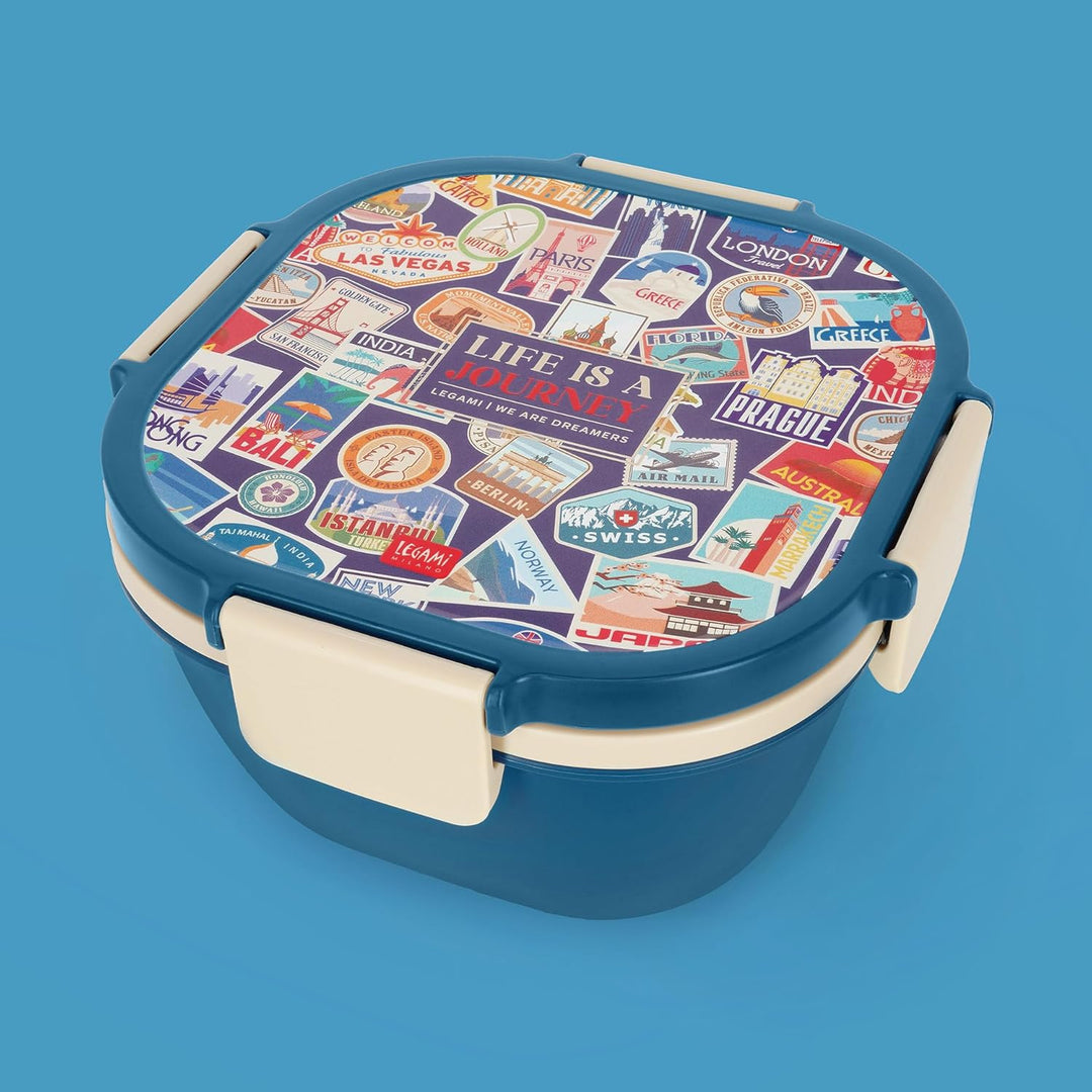 Legami – Lunchbox Travel Stickers, 1 Gabel, 1 Tablett mit Fächern, 1 herausnehmbarer Gewürzbehälter