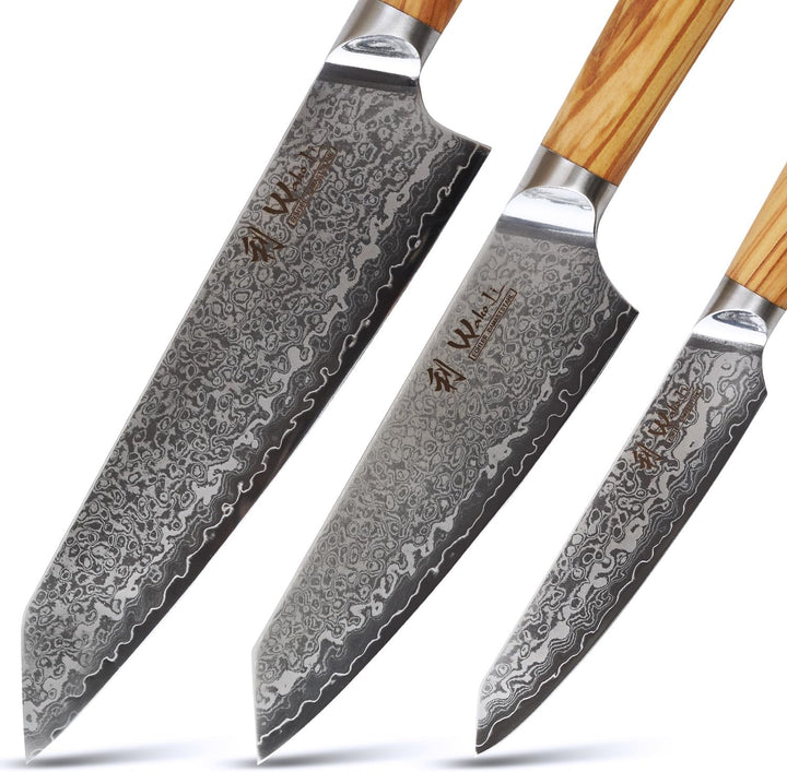 Wakoli Damast 3er Messer-Set Kiritsuke mit Klingen von 11 bis 20 cm extrem scharf aus 67 Lagen I Pro