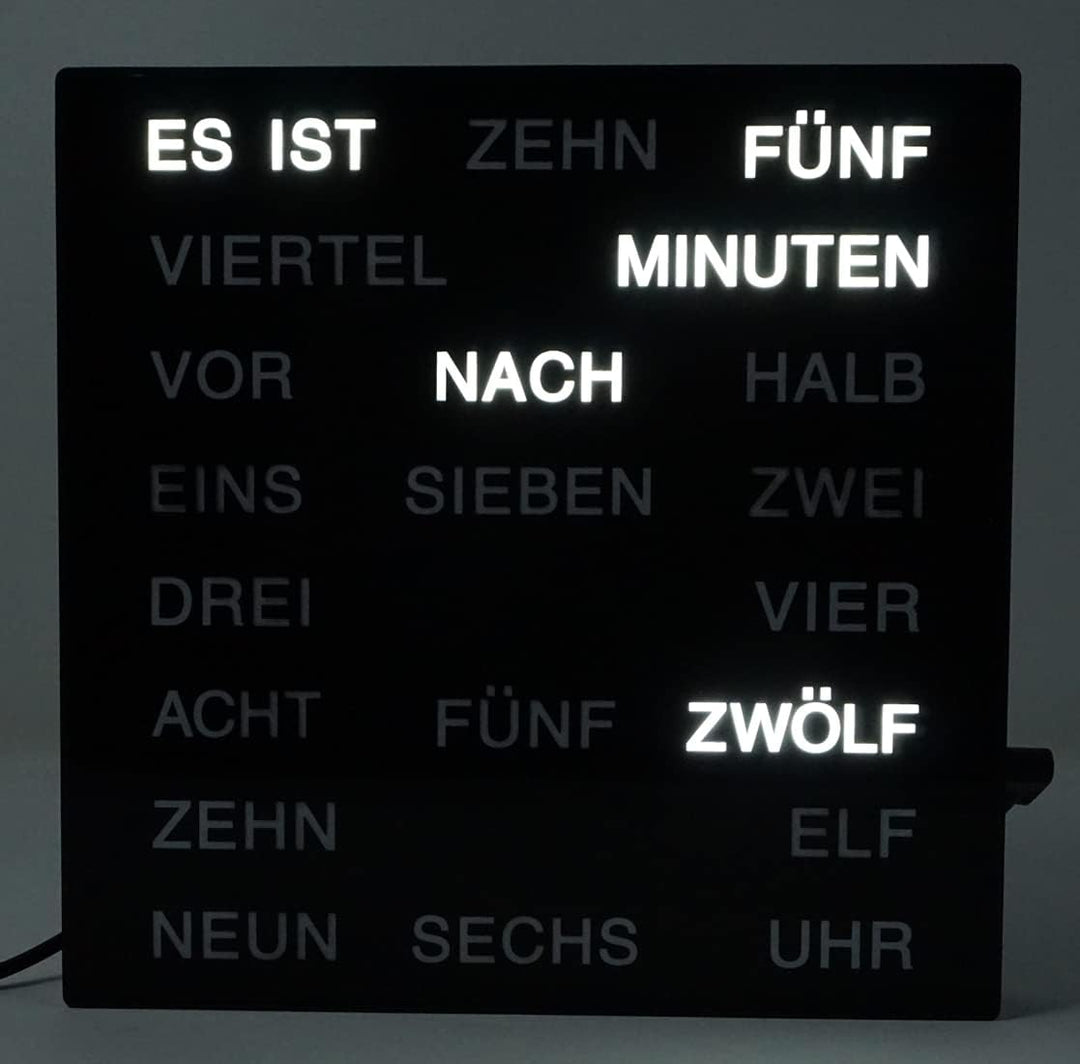 Uhr mit Deutscher LED Wort Anzeige Wortuhr schwarz 20x20 cm Tischuhr Wanduhr