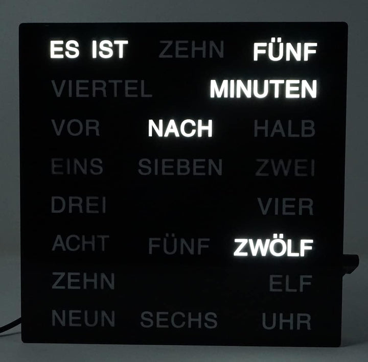 Uhr mit Deutscher LED Wort Anzeige Wortuhr schwarz 20x20 cm Tischuhr Wanduhr