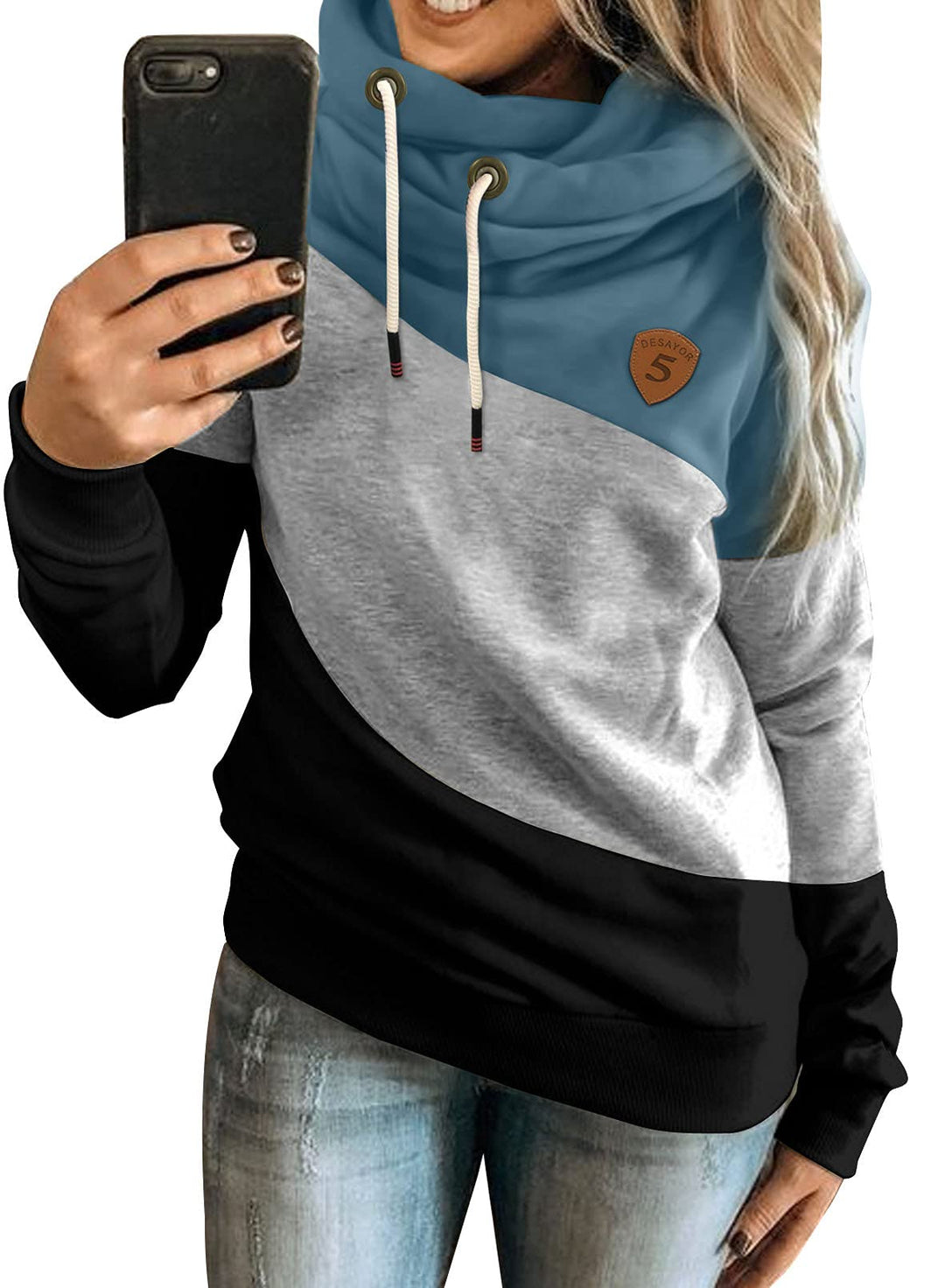 Damen Kapuzenpullover Stehkragen Hoodie Pullover Farbblock Sweatshirt Langarmshirt Oberteile für Her