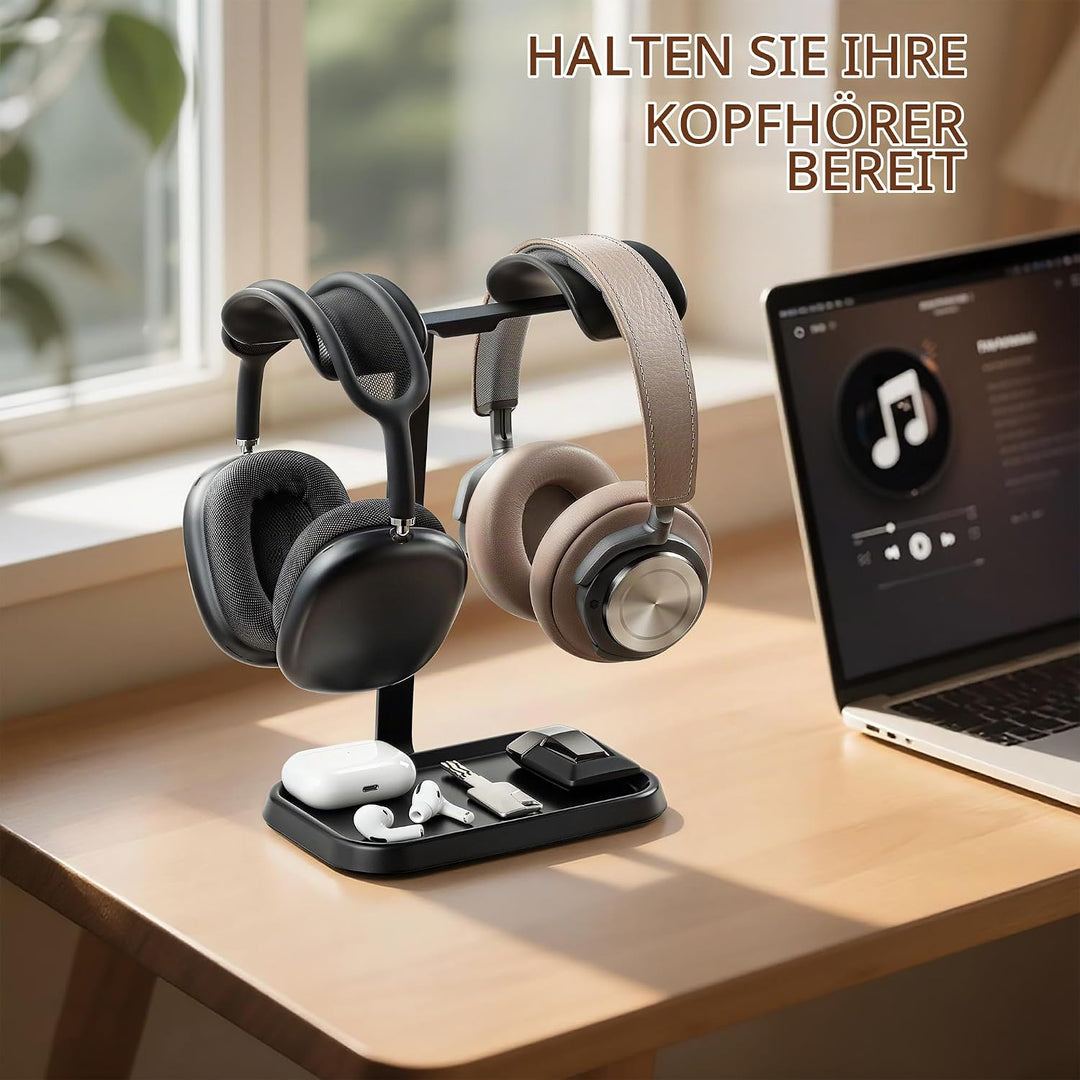 Doppel Kopfhörer Ständer, Stabiler Doppel Headset Halterung mit Ablagefach, Schwere Basis Gaming Kop