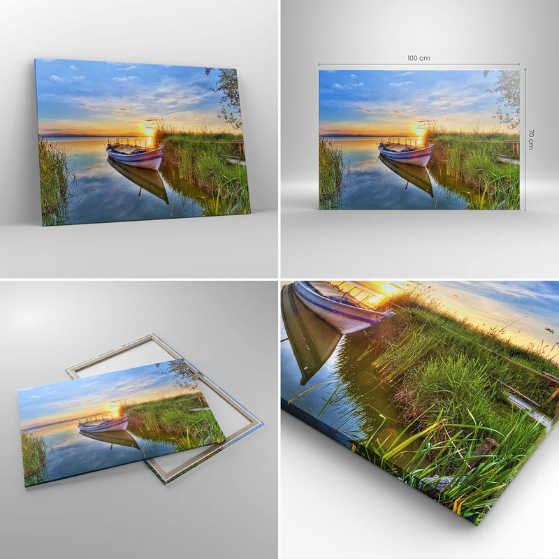 Bilder auf Leinwand 100x70cm Leinwandbild mit Rahmen See Boot Wasser Gross Wanddeko Bild Schlafzimme