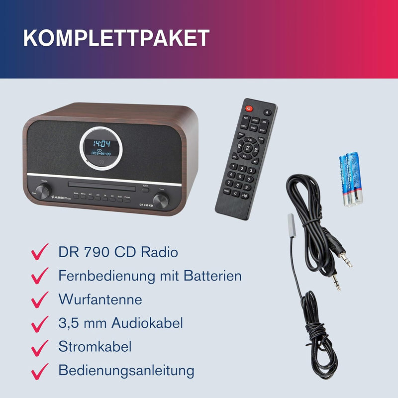 Albrecht DR790CD Digitalradio DAB+, 27790, multifunktional inkl. CD-Player und Bluetooth, Holzgehäus