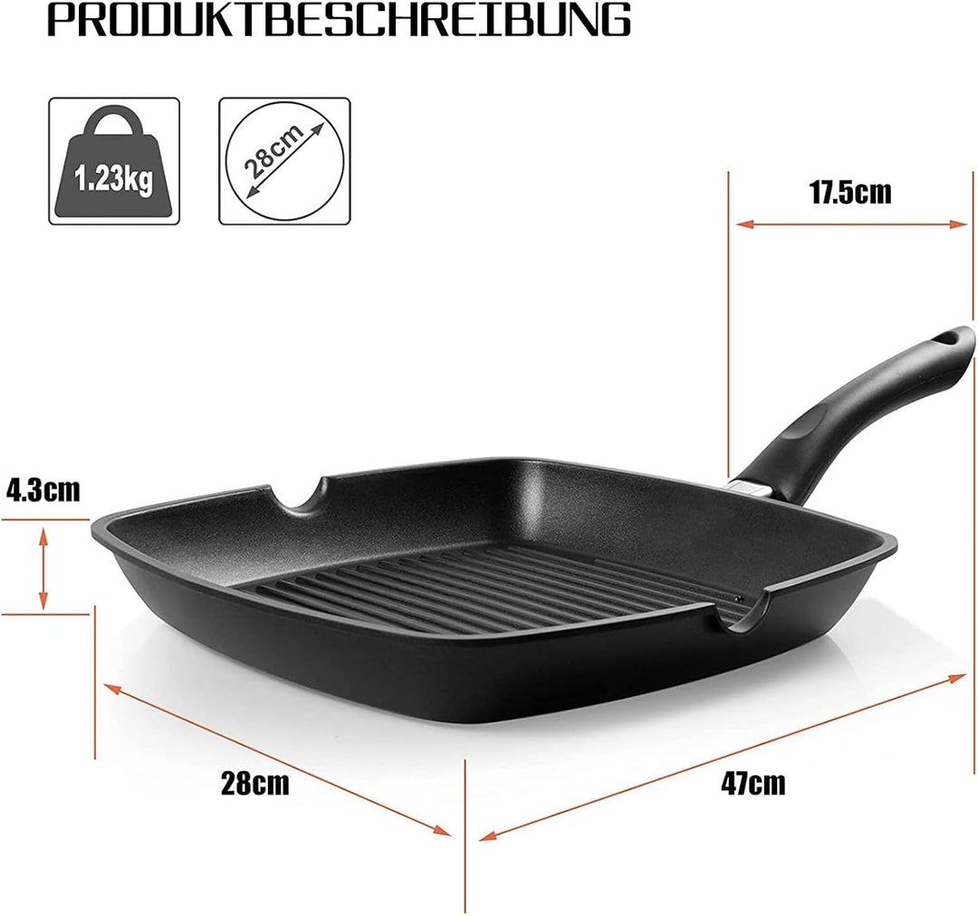 Grillpfanne 28×28 cm, Steakpfanne Induktion aus Aluminiumguss, induktionsgeeignet Pfanne, PFOA-freie
