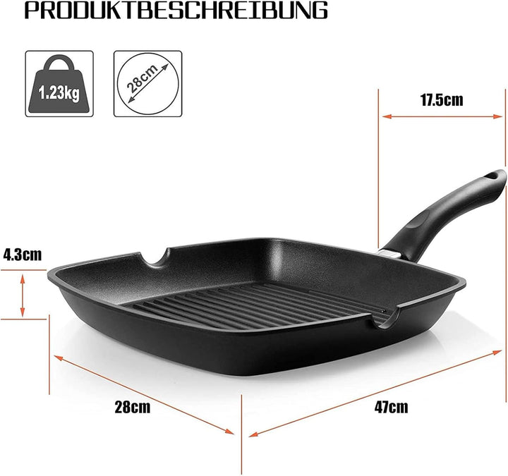 Grillpfanne 28×28 cm, Steakpfanne Induktion aus Aluminiumguss, induktionsgeeignet Pfanne, PFOA-freie