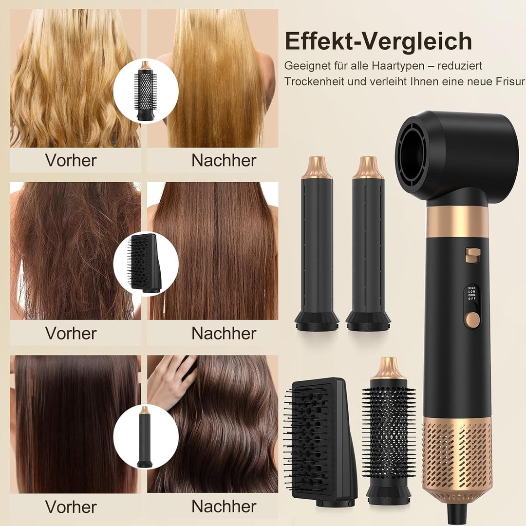 6 in 1 Warmluftbürste & Styler Set, 1000 W Föhnbürste mit abnehmbaren Aufsätzen, Professionelle Heis
