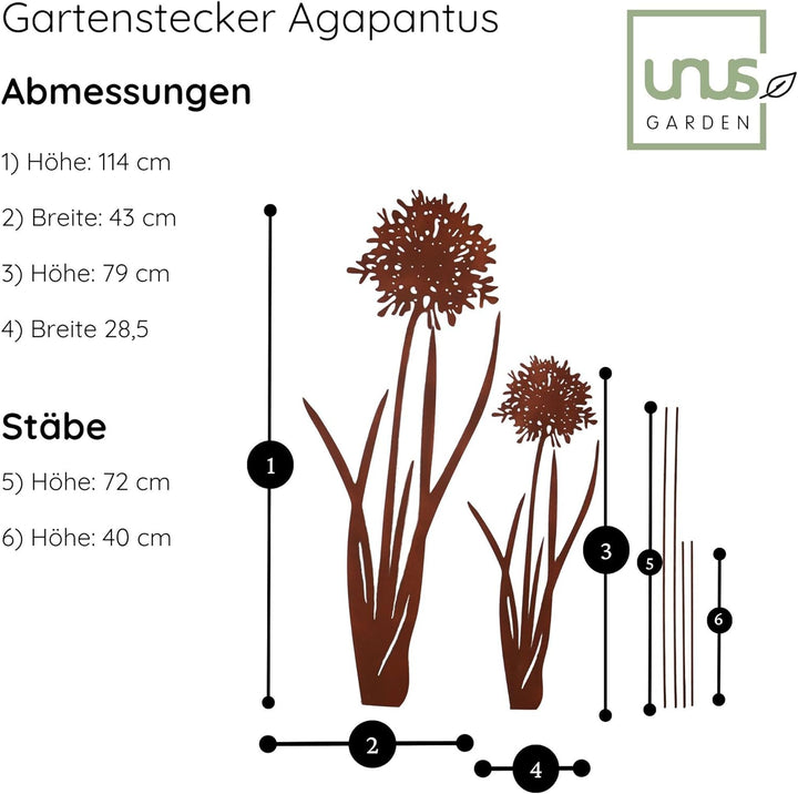 UNUS Gartenstecker Agapantus 2er Set Gartendeko Rostoptik, Roststecker Rost Deko für Garten Terrasse