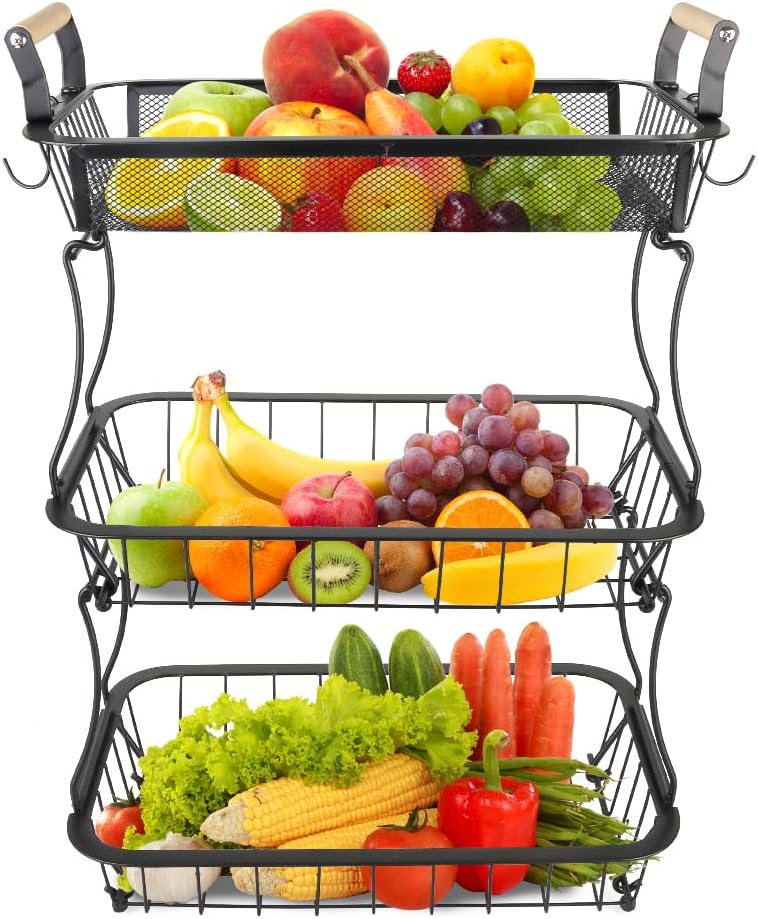 LANTUS Obstkorb mit 2 Bananenaufhängern, Obstständer für Zwiebeln, Snacks und Gemüse, für Küchenthek