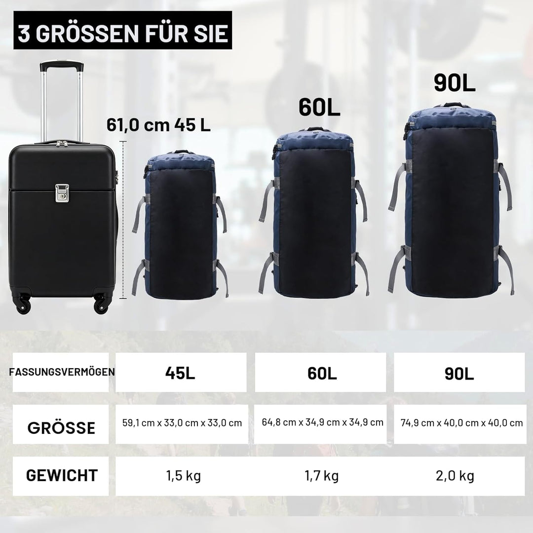 MIER Grosse Sporttasche wasserdicht Sportrucksack mit Schuhfach umwandelbar in Rucksack, 45L/60L/90L