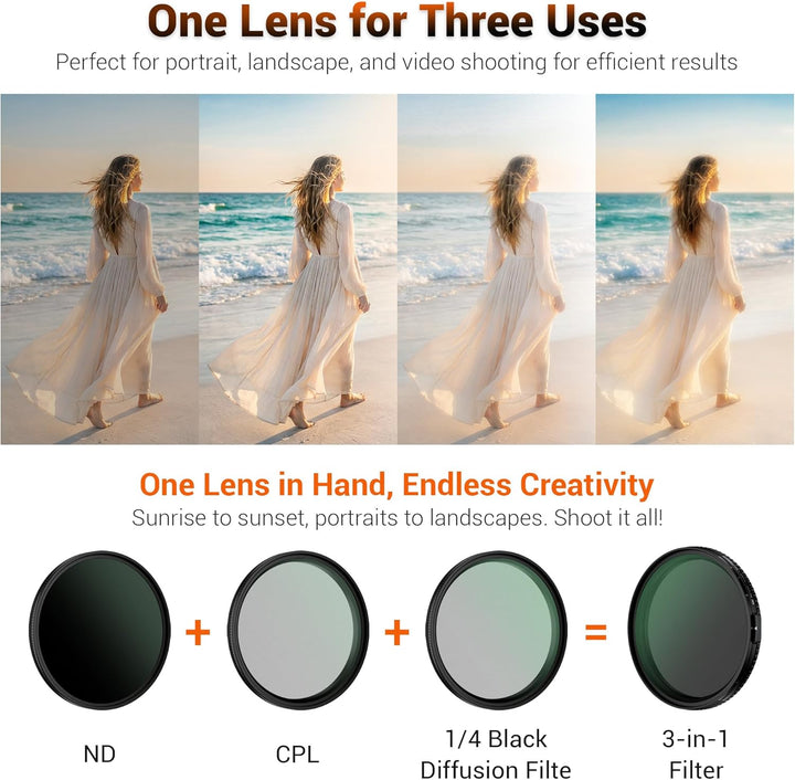 49mm 3in1 Black Mist 1/4 Filter&ND&CPL Filter,Variabler ND2-32 (Blende 1-5) Polarisationsfilter,Nitt