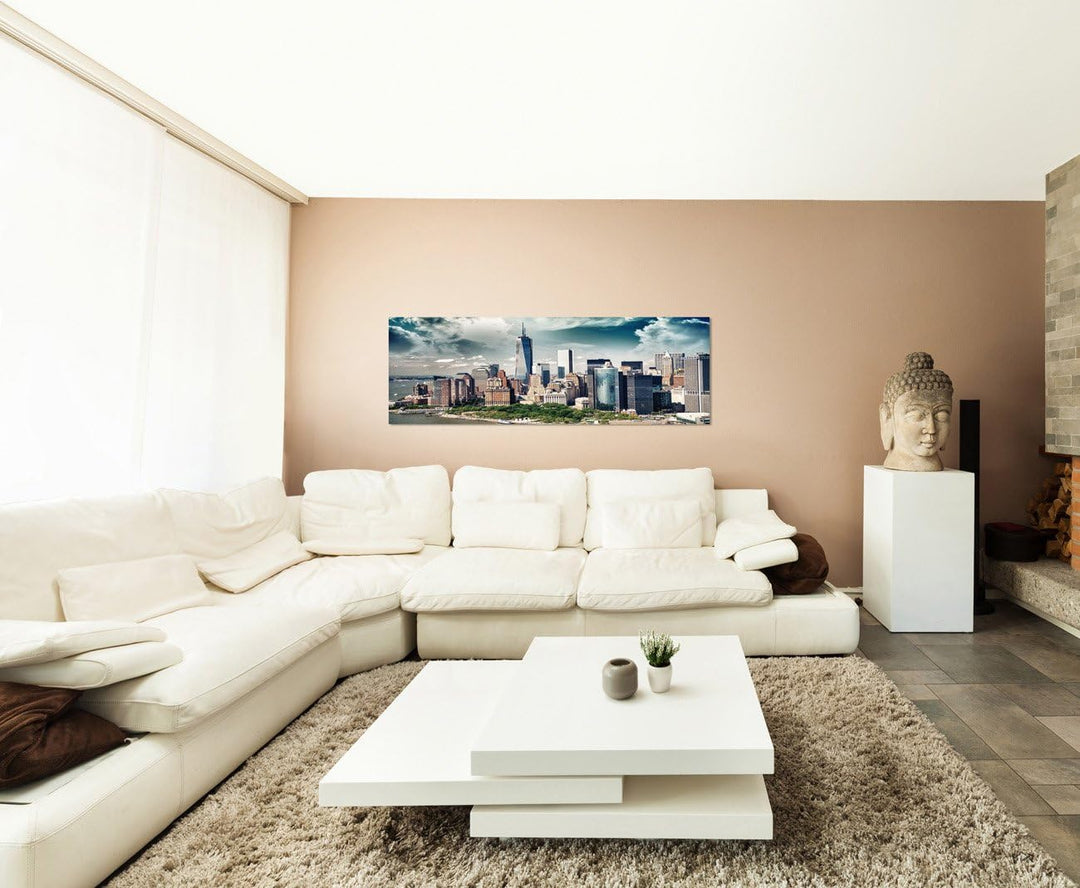 Paul Sinus Art Panoramabild auf Leinwand und Keilrahmen 120x40cm Manhattan Skyline Wolkenhimmel Sonn