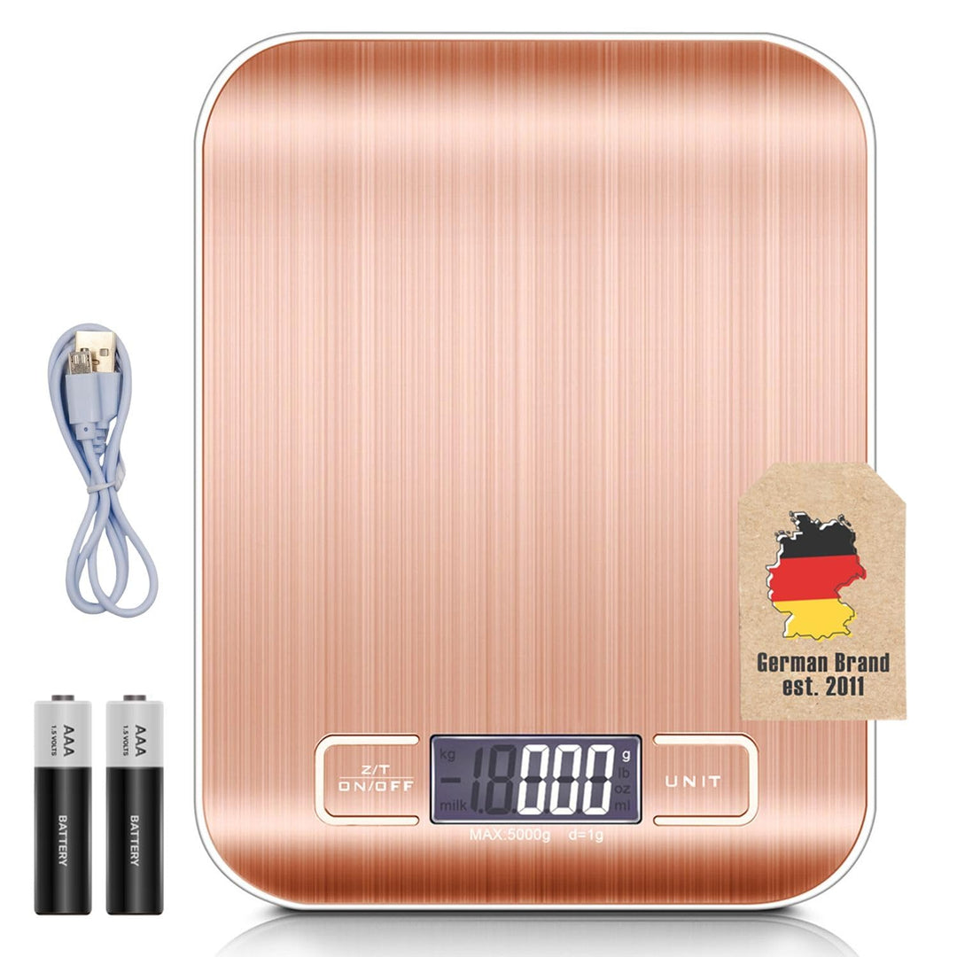 Digitale Küchenwaage 5 kg -ROSÉ GOLD- Wiederaufladbar per USB & Batteriebetrieb- Elektronische Waage