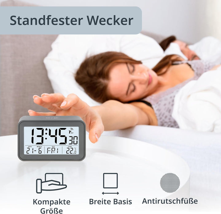 ADE Digitaler Funkwecker mit Licht | Temperaturanzeige und Kalender | kompakter Reisewecker | hübsch