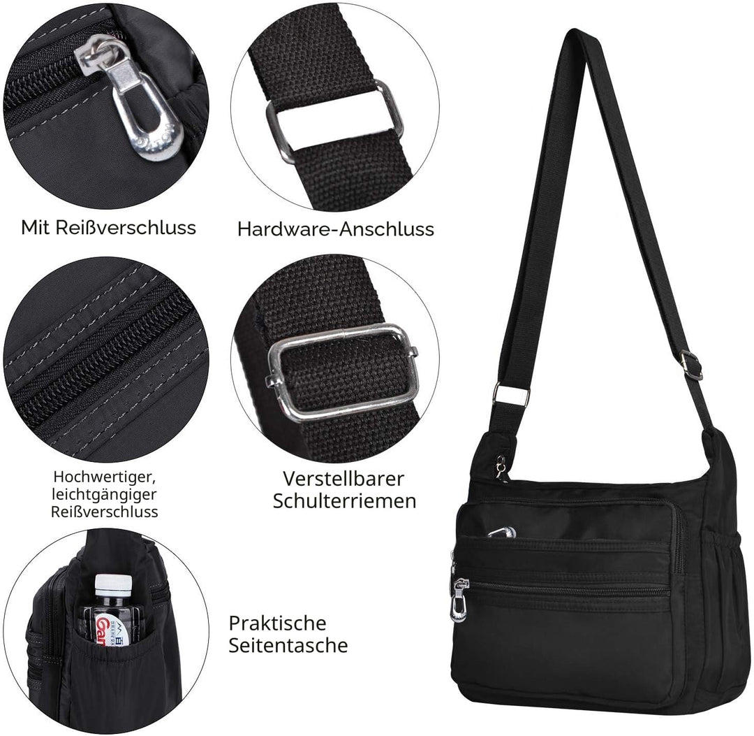 NOTAG Umhängetasche Damen, Wasserdicht Nylon Schultertasche Mehrfachtasche Handtasche mit RFID Geldb