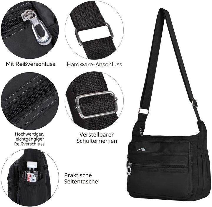 NOTAG Umhängetasche Damen, Wasserdicht Nylon Schultertasche Mehrfachtasche Handtasche mit RFID Geldb