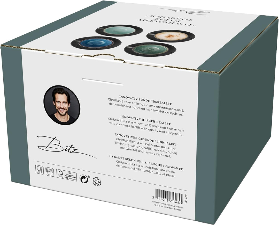 BITZ Tassen, Kaffeetassen mit Untertasse, Steingut, 24 cl, 4er-Set, Blau, Grün, Hellblau, Grau