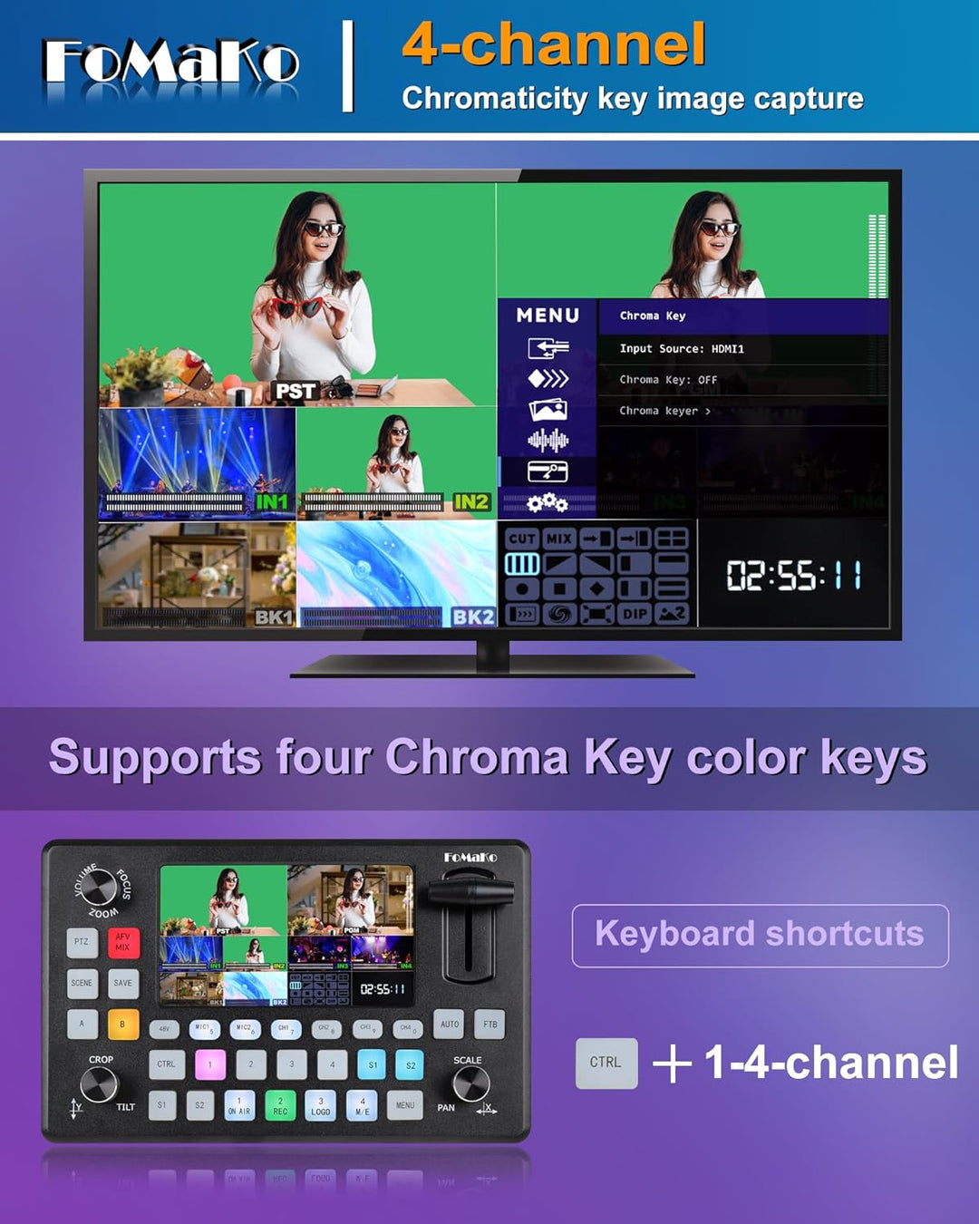 FoMaKo Video Switcher HDMI 4-Kanal für Multikameras, Video Mixer mit 5.5-Zoll LCD Bildschim, 1080P 6