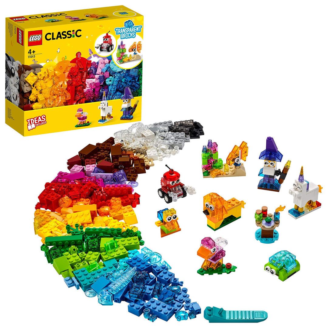 LEGO Classic Kreativ-Bauset mit durchsichtigen Steinen, mit Löwe, Vogel und Schildkröte, Konstruktio
