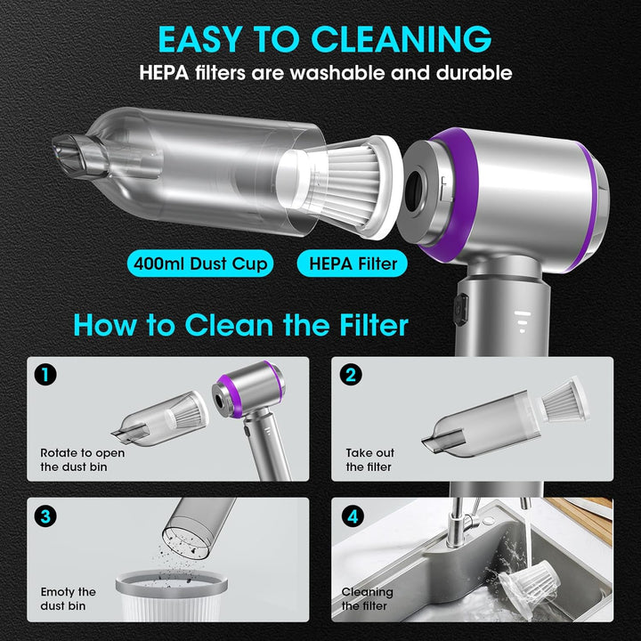 Handstaubsauger Akku, 20000PA Handstaubsauger Kabellos mit Bürstenloser Motor, 4-in-1 Autostaubsauge