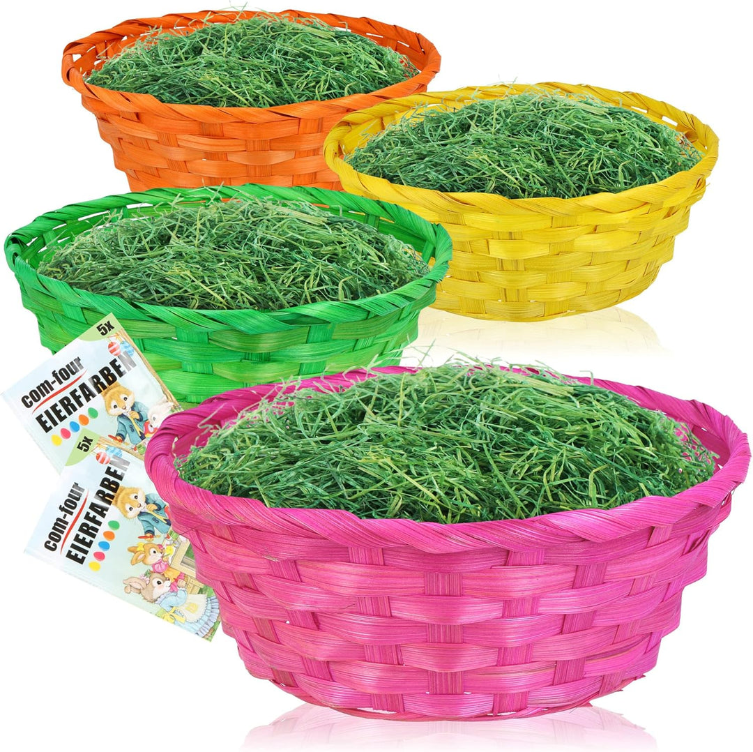 com-four® 4X Bunte Bastkörbe und Eierfarben als Dekoration zu Ostern - Osternest in tollen Farben -