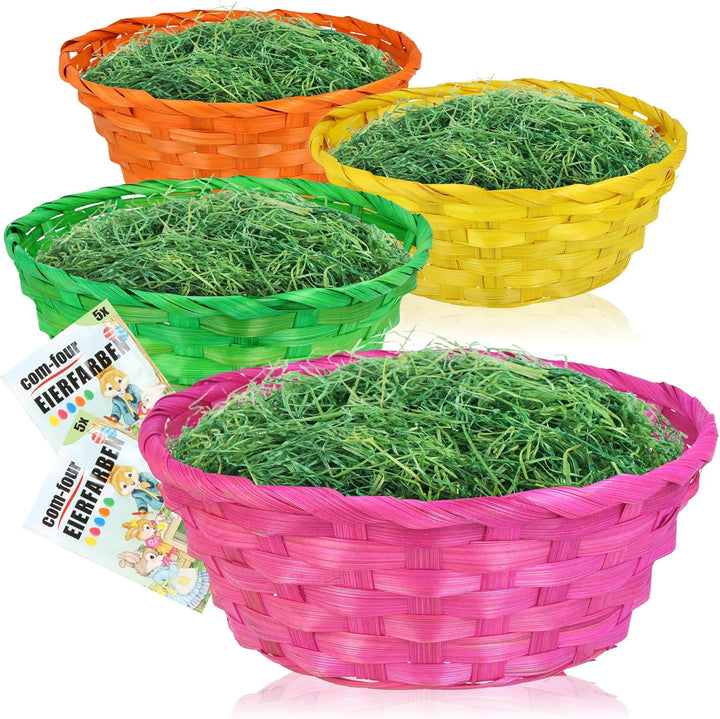 com-four® 4X Bunte Bastkörbe und Eierfarben als Dekoration zu Ostern - Osternest in tollen Farben -