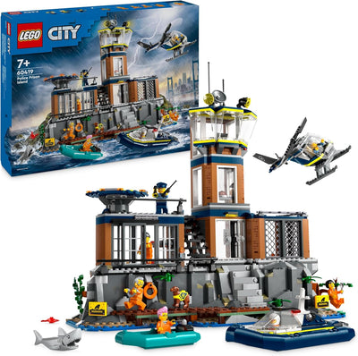 LEGO City Polizeistation auf der Gefängnisinsel, Polizei-Spielzeug mit Hubschrauber, Boot und Hai, S