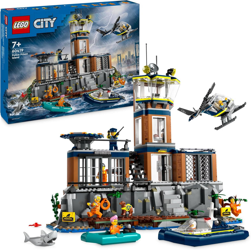 LEGO City Polizeistation auf der Gefängnisinsel, Polizei-Spielzeug mit Hubschrauber, Boot und Hai, S