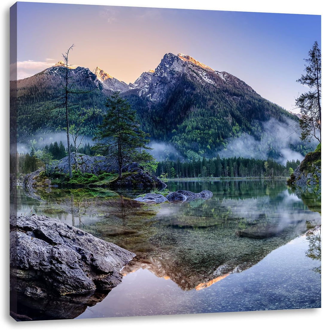 Sonnenaufgang am Hintersee, Format: 70x70 auf Leinwand, XXL riesige Bilder fertig gerahmt mit Keilra