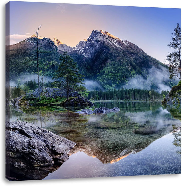 Sonnenaufgang am Hintersee, Format: 70x70 auf Leinwand, XXL riesige Bilder fertig gerahmt mit Keilra