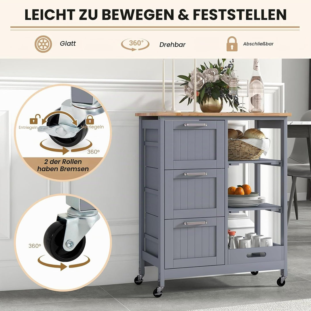 KOMFOTTEU Küchenwagen, vierstöckiger Küchenschrank mit Arbeitsplatte, 3 Schubladen und Lagerregal, S