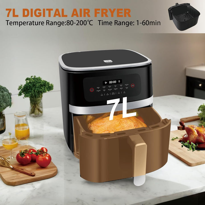 Heissluftfritteuse 7L XXL, Ölfrei mit Touchscreen, Digitale Anzeige, 1800W, Schüttelfunktion, Timer,
