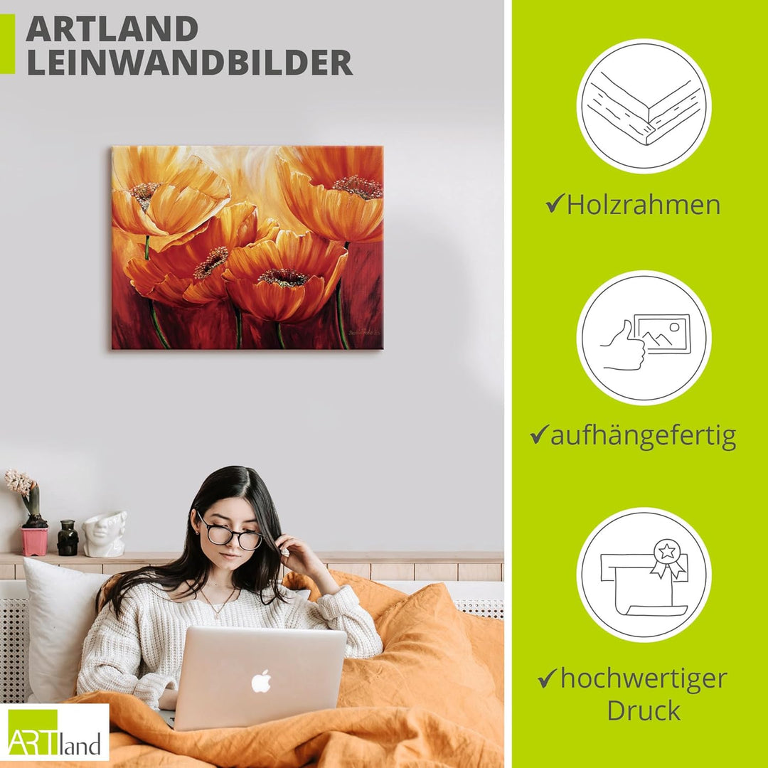 ARTland Leinwandbilder Wandbild Bild auf Leinwand 60 x 45 cm Botanik Blumen Mohnblume Malerei Orange