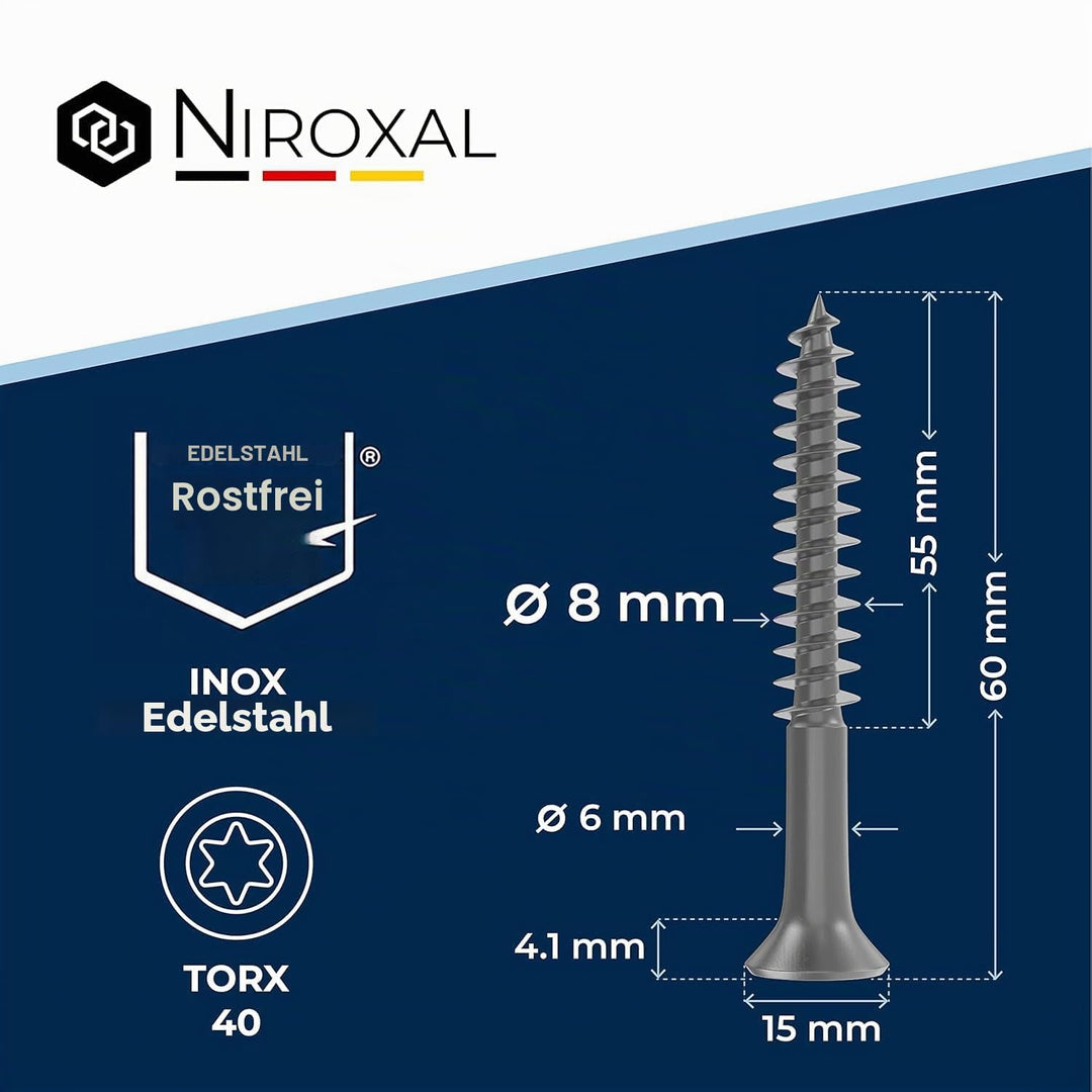 Schrauben Torx Edelstahlschrauben 8x60 Edelstahl V2A rostfrei Spanplattenschrauben für Holz Teilgewi