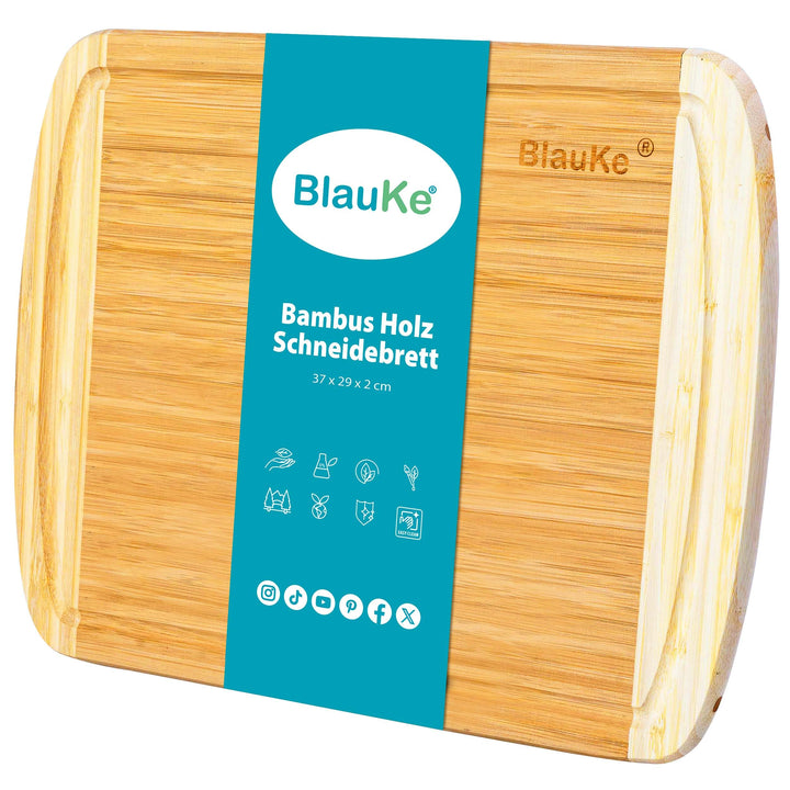 BlauKe® Schneidebrett aus Holz mit Saftrille (37x29cm) – Grosses Bambus Küchenbrett, Servierplatte f