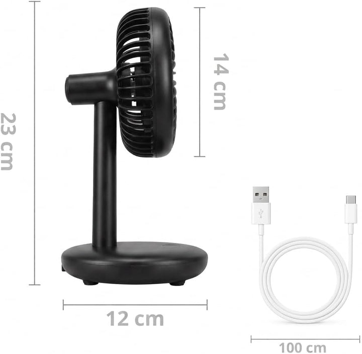 Tischventilator sehr leise - 7-Flügel USB Ventilator Akku 2000 mAh, Ø 14cm, 4 Modi, Naturwind, Bürst