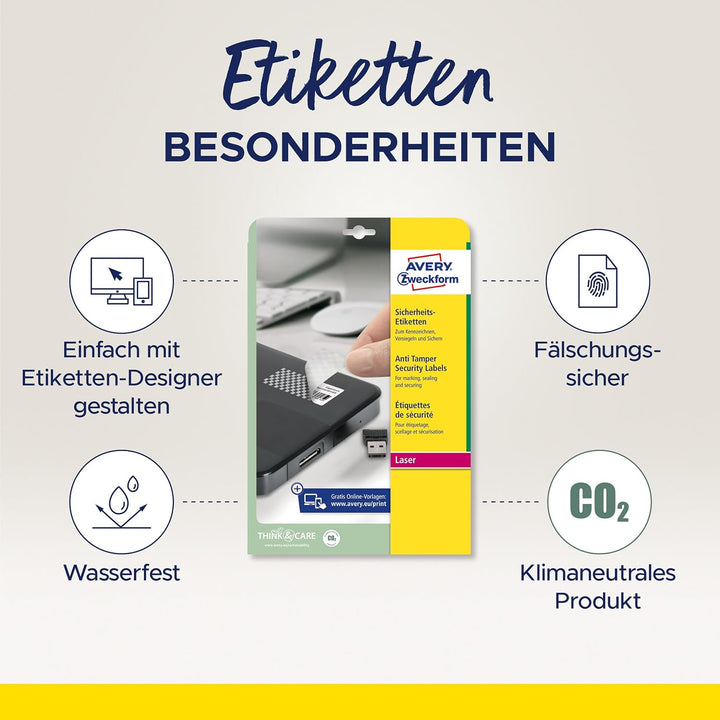 AVERY Zweckform L6112-20 Sicherheitsetiketten (480 Folienaufkleber, Ø40mm auf A4, stark selbstkleben