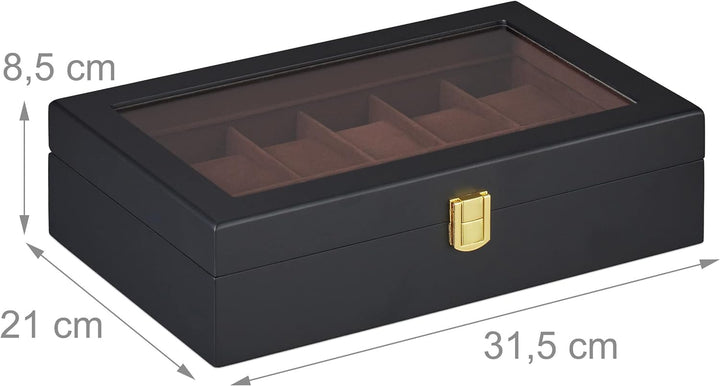 Relaxdays Uhrenbox, 12 Uhren, Samtkissen, Sichtfenster, HxBxT: 8,5 x 31,5 x 21 cm, Uhrenschatulle, M
