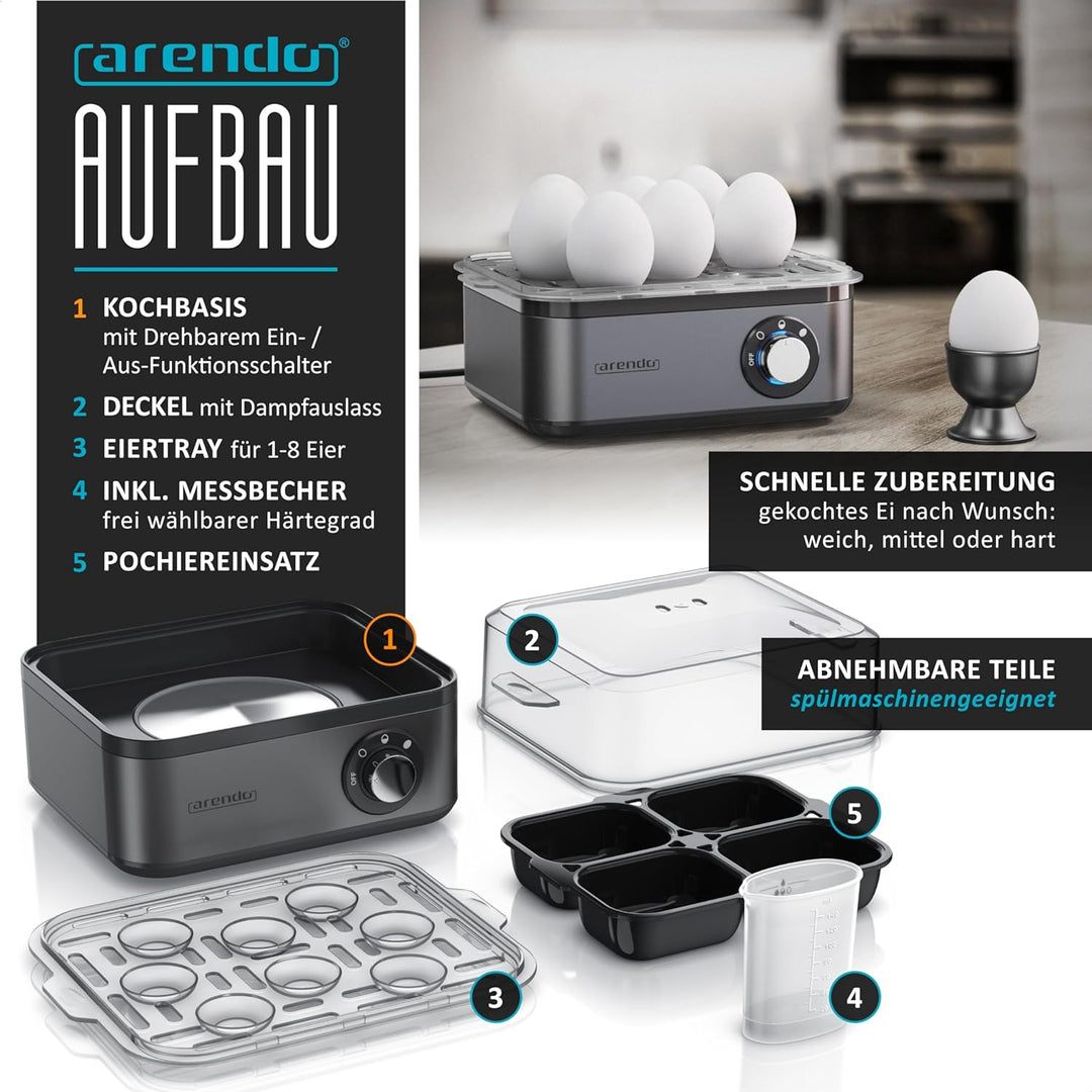 Arendo - Eierkocher Edelstahl für 1 bis 8 Eier - Egg Cooker - 500 W – Kontroll Leuchte – Drehregler