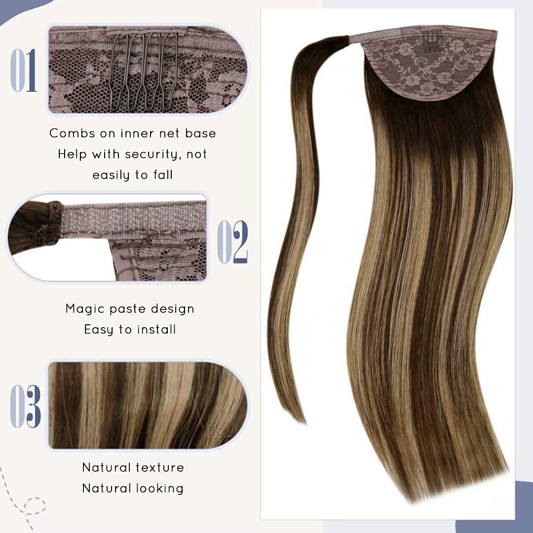 LaaVoo Zopf Extensions Echthaar Glatt Balayage Braun 30cm 70g Lang Ponytail Extension Echthaar Remy