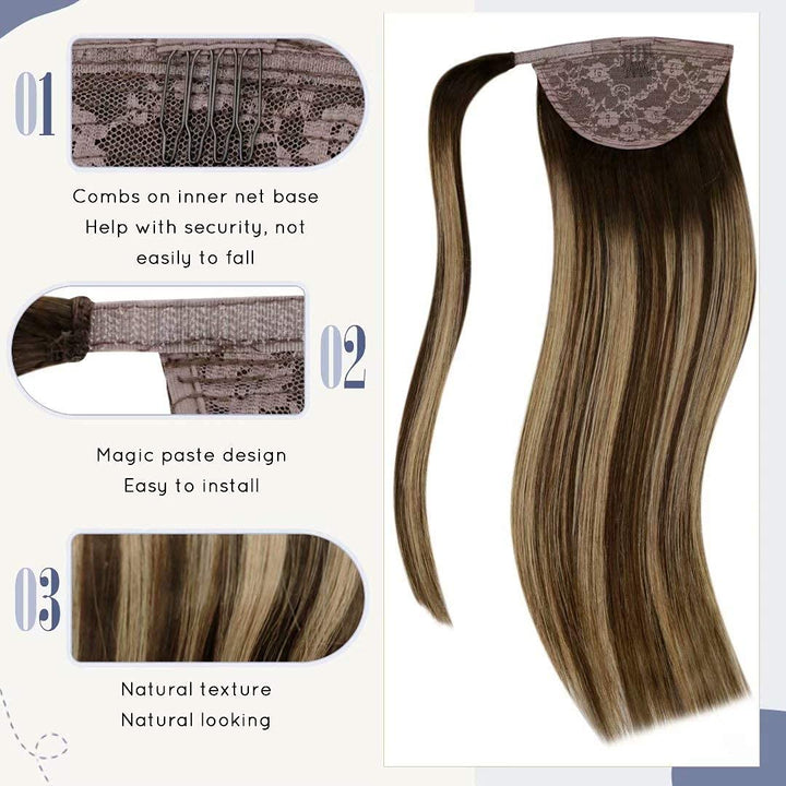 LaaVoo Zopf Extensions Echthaar Glatt Balayage Braun 30cm 70g Lang Ponytail Extension Echthaar Remy