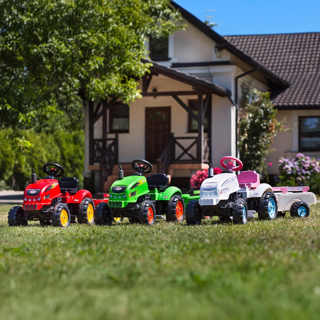 Falk 2042AB Butterfly Farmer Trettraktor mit Klapphaube und Anhänger Traktoren, weiss, Weiss