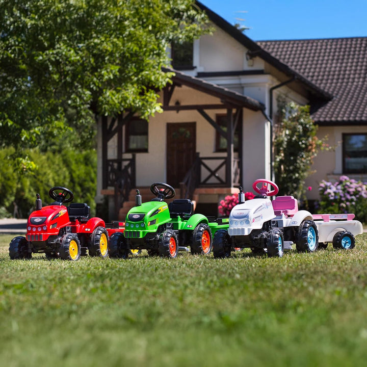 Falk 2042AB Butterfly Farmer Trettraktor mit Klapphaube und Anhänger Traktoren, weiss, Weiss