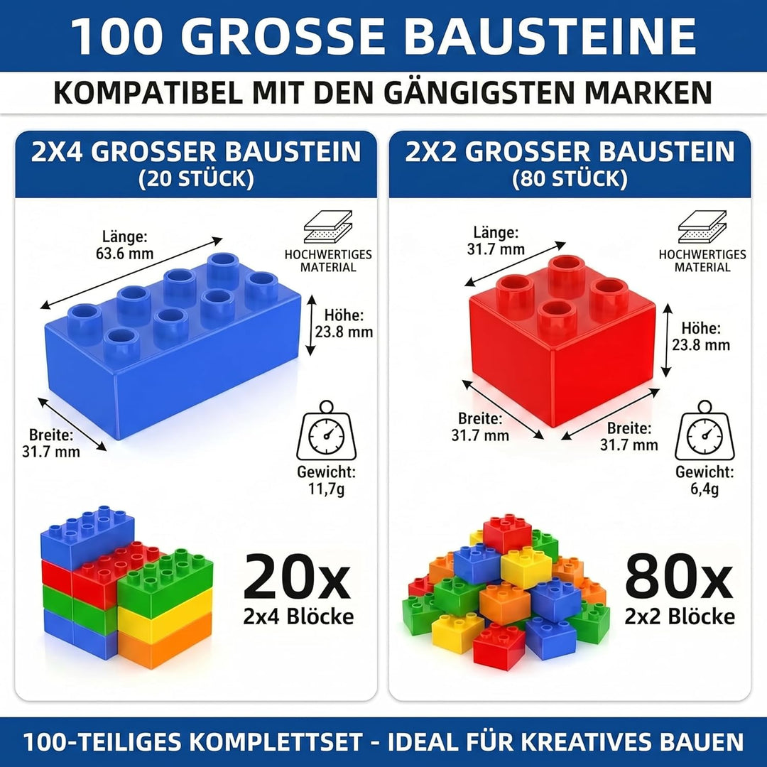 WYSWYG Grosse Bausteine Set -100 Steine in 5 Farben, Kompatibel - Ideal für Kinder ab 3 4 5 Jahre, S