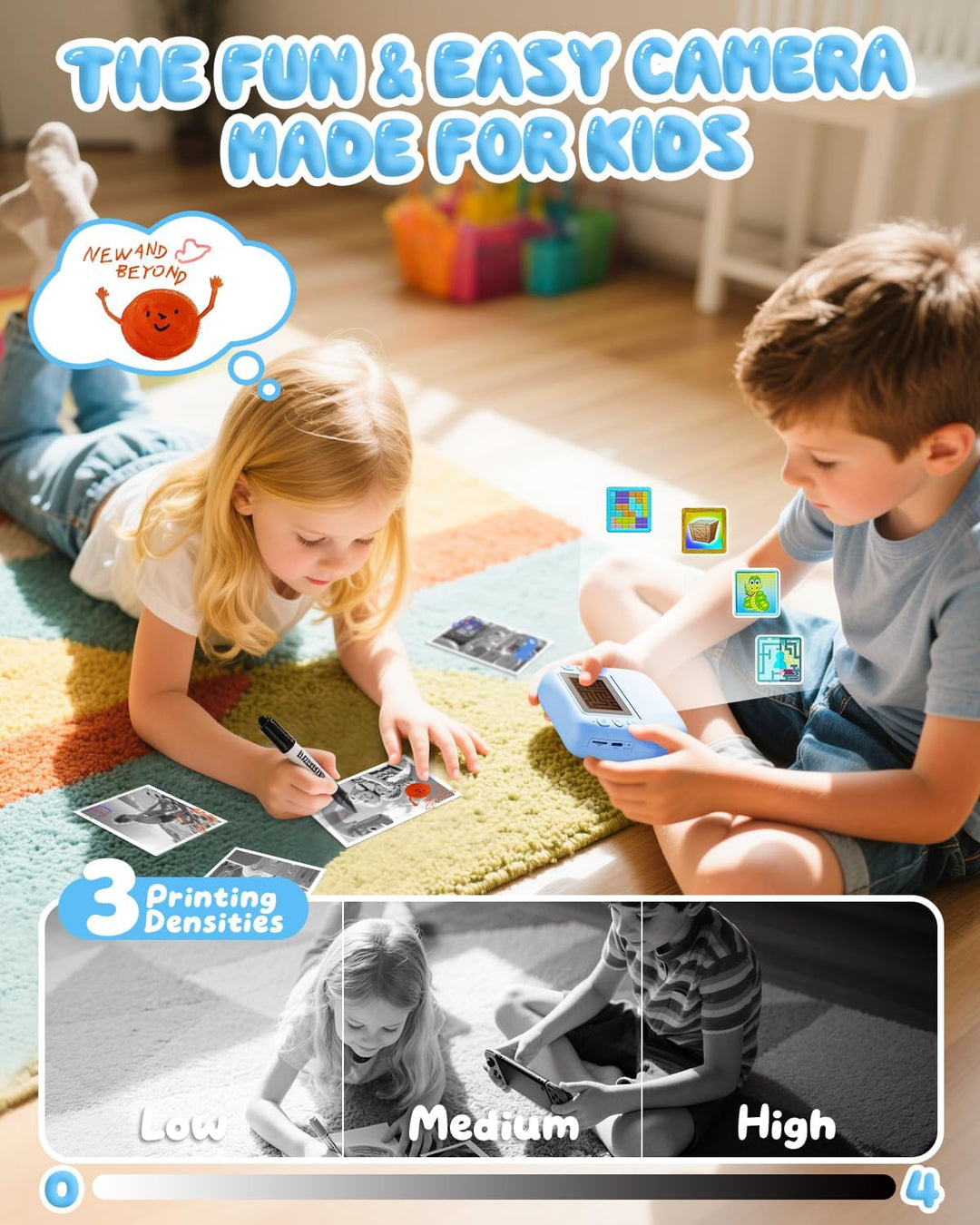 CAMCLID Kinderkamera Sofortbildkamera, 1080P Sofortbildkamera Kinder mit 32GB Karte & 3 Rollen Druck