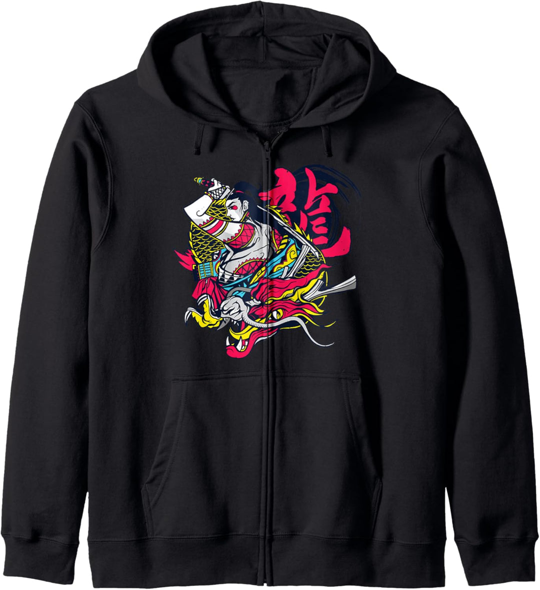 Weiblicher Samurai-Krieger mit Drache l Japanische Grafik Kapuzenjacke