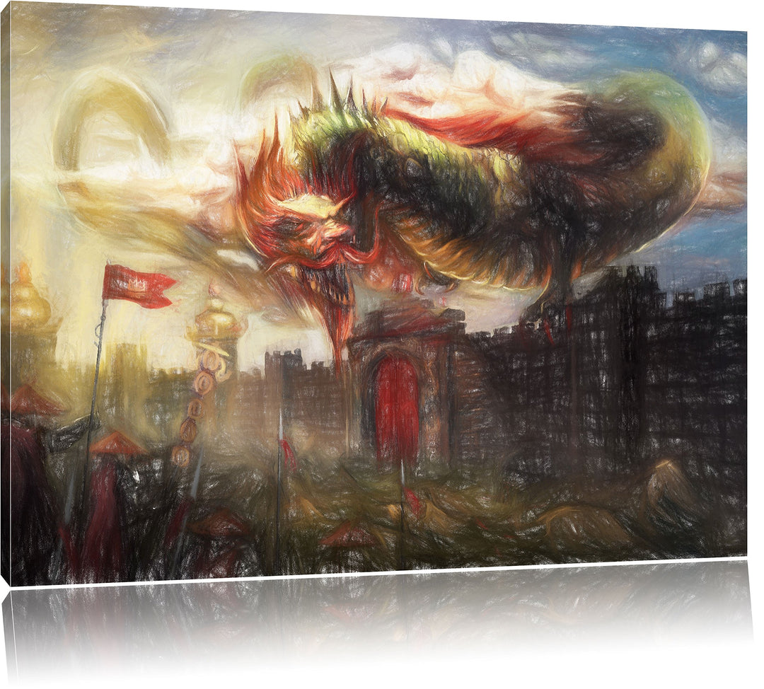 Pixxprint Drache über der Festung als Leinwandbild/Grösse: 100x70 / Wandbild/Kunstdruck/fertig bespa